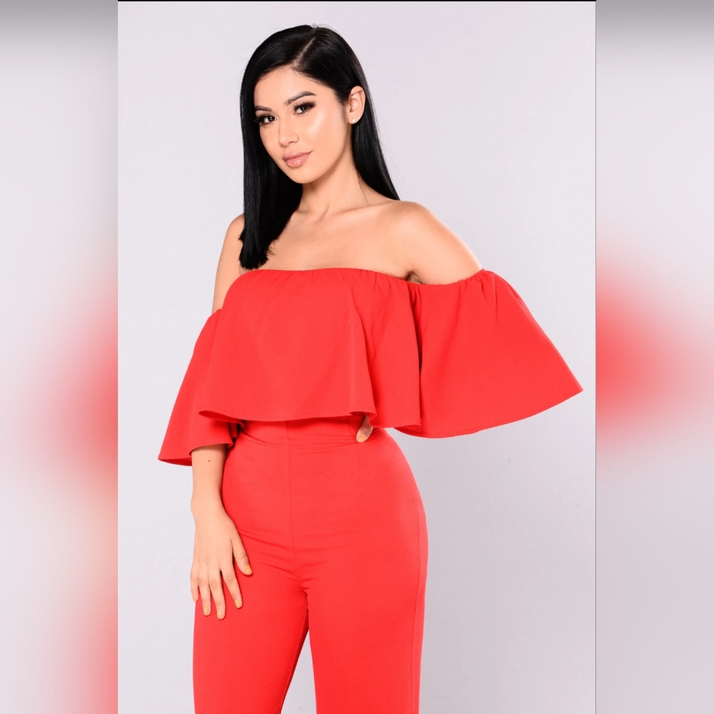 ✨ Wide Leg Red Flounce Jumpsuit
